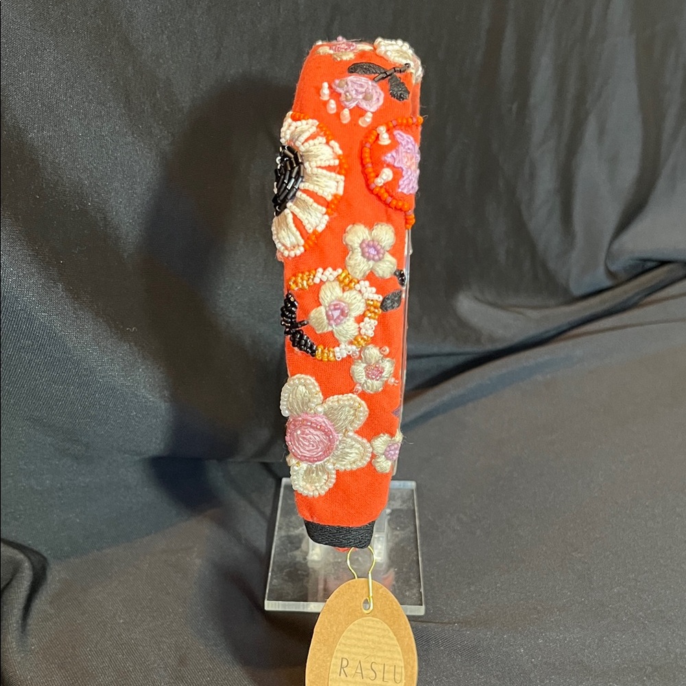 Embroidered Floral Headband in Bright Orange with Pastel Accents